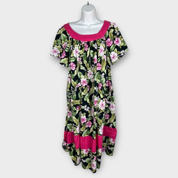 Handmade Black Pink Tropical Floral Pink Striping Cotton Pockets Muu Muu Medium - Picture 1 of 6